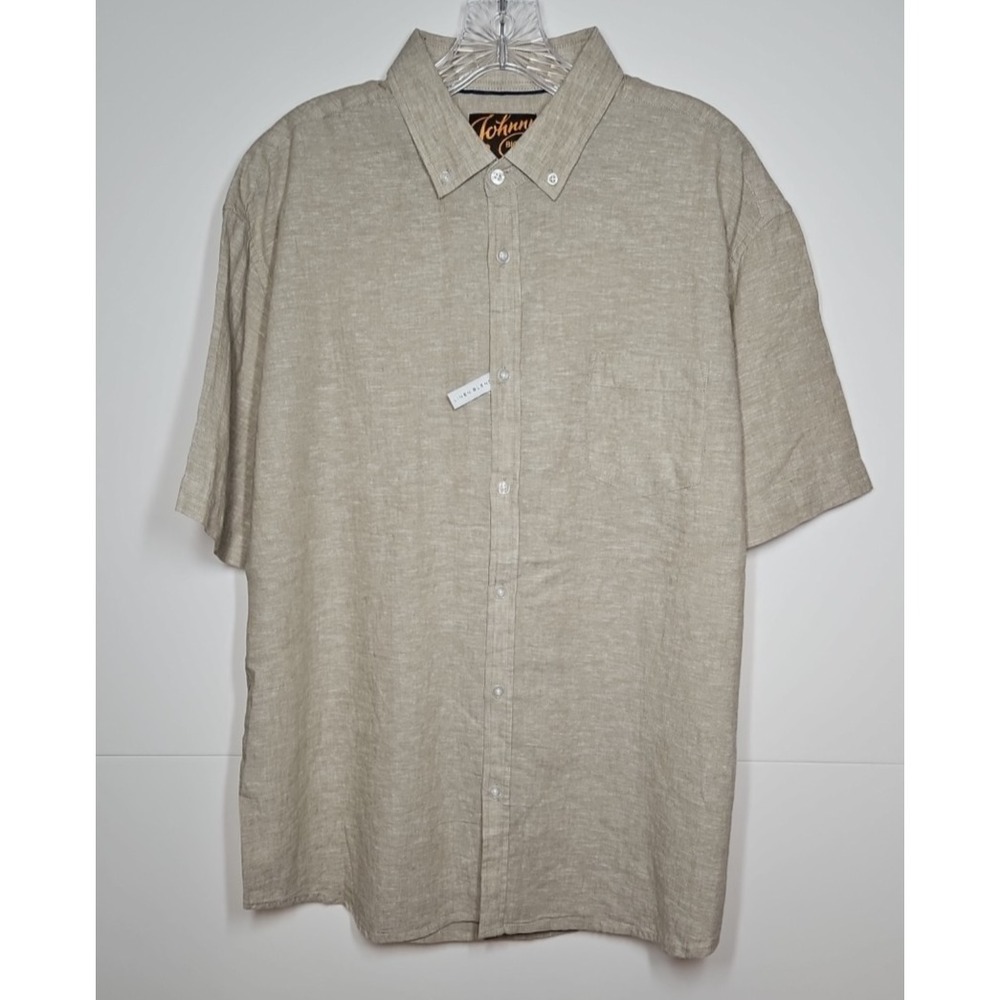 Johnny‎ Bigg Men's Tan Linen Blend Short Sleeve Button Up Shirt Size Large NWOT